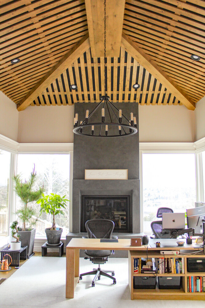 Home office with vaulted wood ceiling and stone fireplace by Conner Construction Company in Provo, UT Home office with vaulted wood ceiling and stone fireplace by Conner Construction Company in Provo, UT